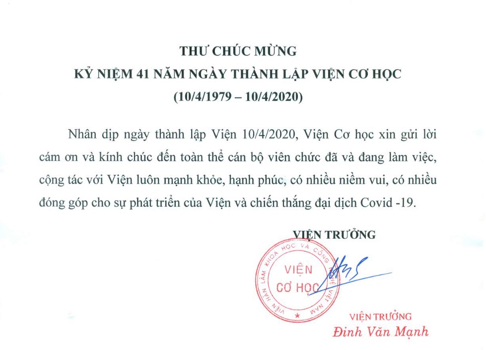 Thư chúc mừng kỷ niệm 41 năm ngày thành lập Viện Cơ học