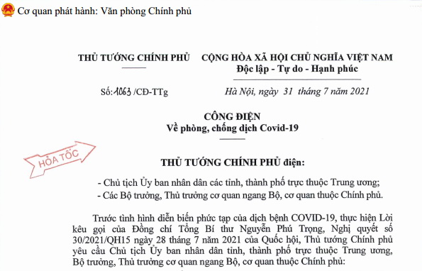 Công điện số 1063/CĐ-TTg của Thủ tướng chính phủ và công điện bổ sung